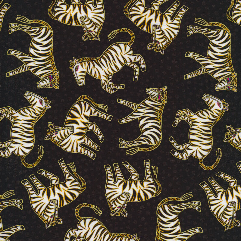 Black tonal textured fabric with stylized zebras outlined in gold metallic tossed all over