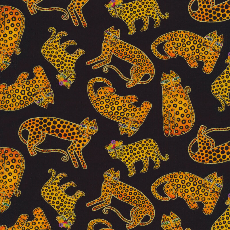 Black fabric with stylized leopards outlined in gold metallic tossed all over