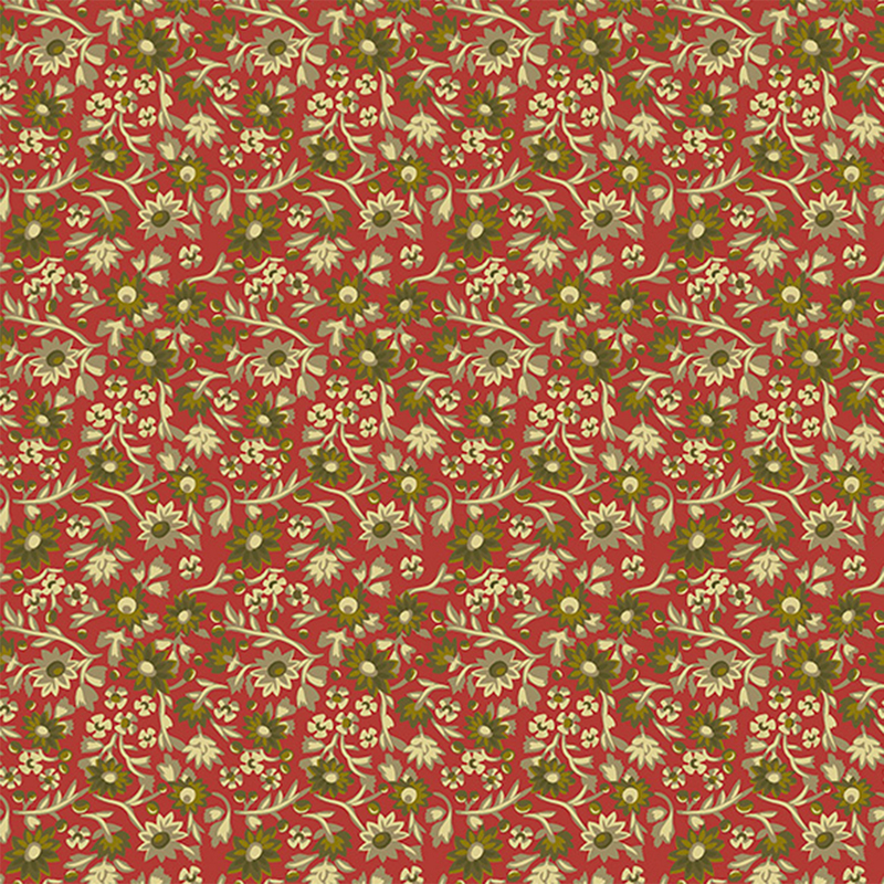Red fabric with small green and light tan flowers all over