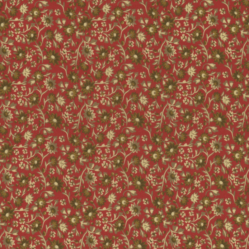 Red fabric with small green and light tan flowers all over