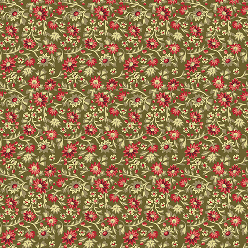 A green fabric with small red and light tan flowers all over