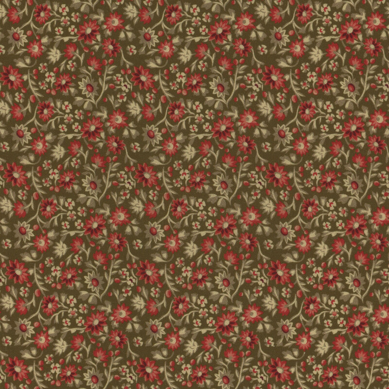 A green fabric with small red and light tan flowers all over