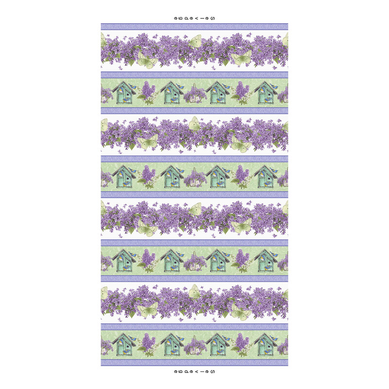 border stripe fabric print with purple lilacs and green birdhouses on it