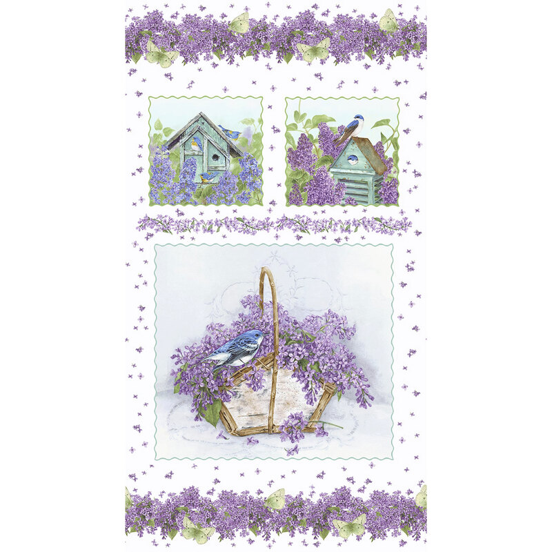White fabric panel with birdhouses, lilacs, and birds on it