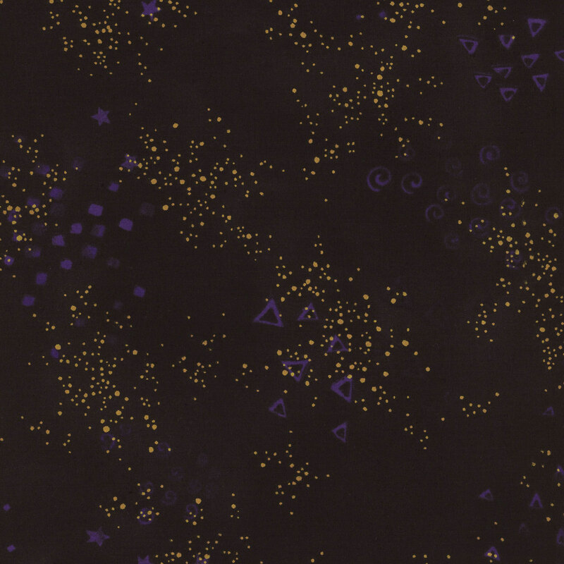 Black fabric with small clusters of purple triangles, spirals, stars, and gold metallic flecks