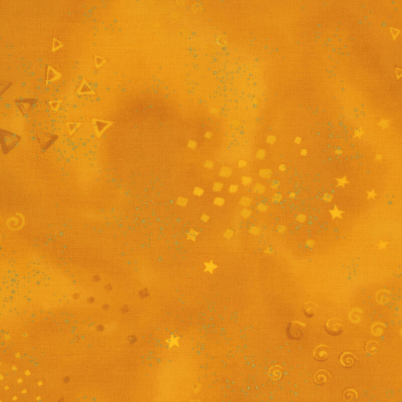 Dark yellow mottled fabric with clustered gold metallic flecks and pale triangles, stars, and spirals