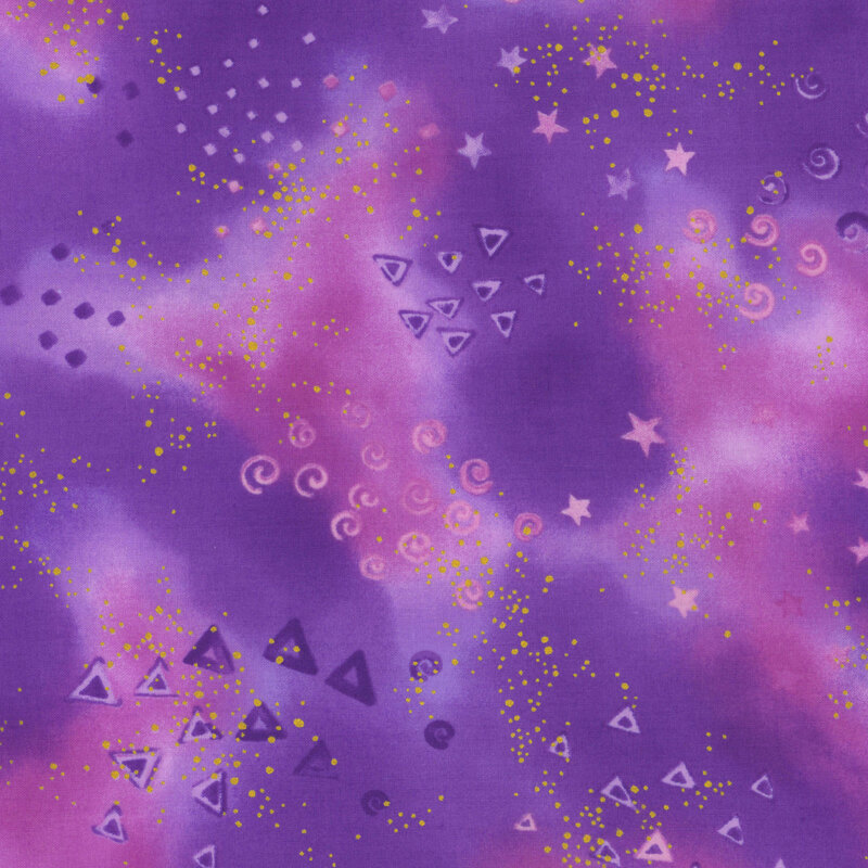 Purple-Pink mottled fabric with clustered gold metallic flecks and pale triangles, stars, and spirals