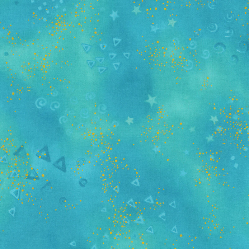 Aqua mottled fabric with clustered gold metallic flecks and pale triangles, stars, and spirals