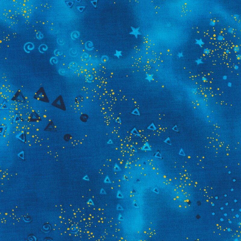 Aqua and blue mottled fabric with clustered gold metallic flecks and pale triangles, stars, and spirals