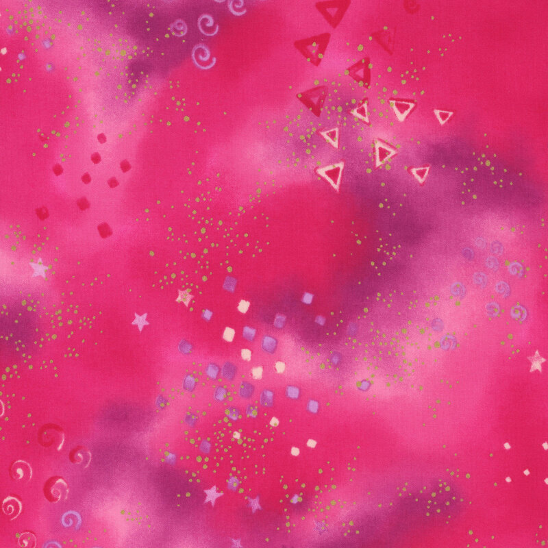 Pink mottled fabric with clustered gold metallic flecks and pale triangles, stars, and spirals