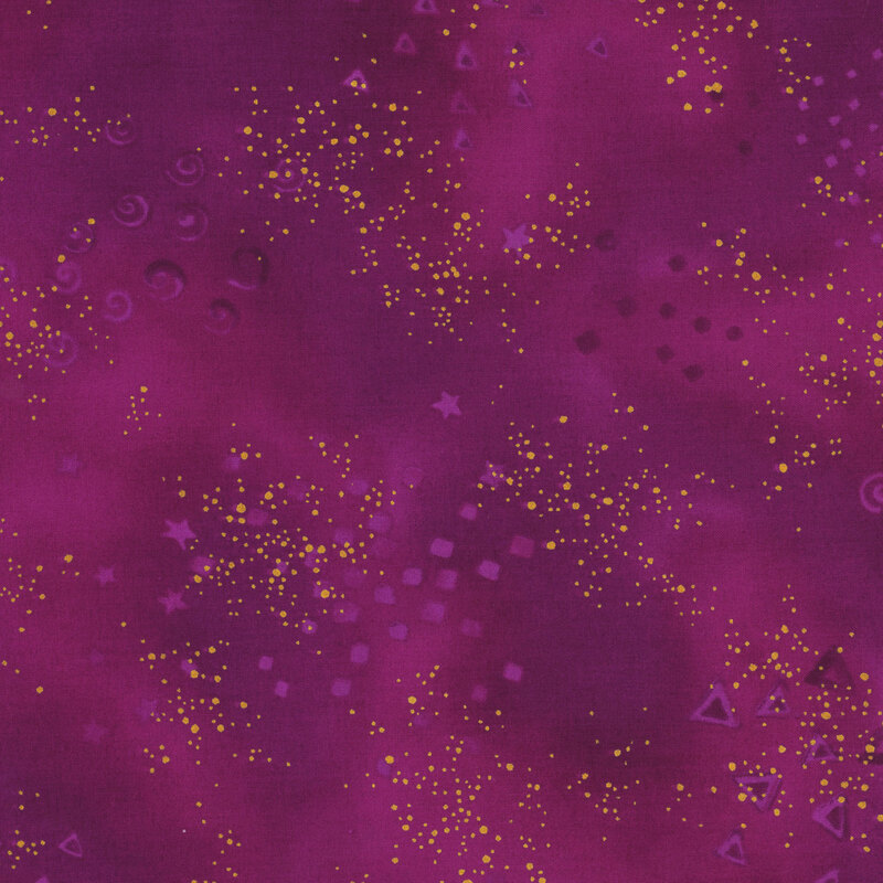 Purple mottled fabric with clustered gold metallic flecks and pale triangles, stars, and spirals