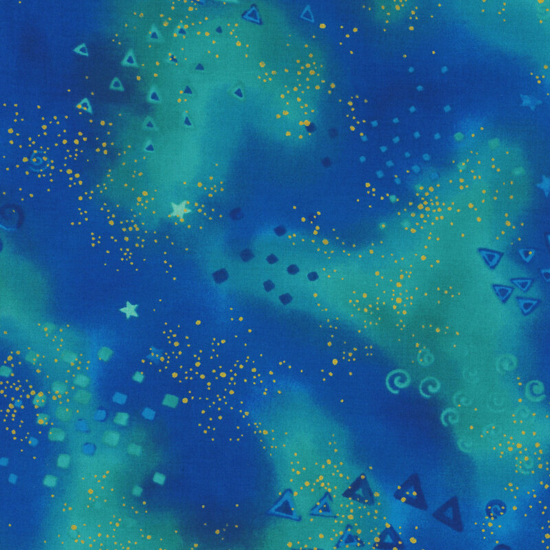 Blue mottled fabric with clustered gold metallic flecks and pale triangles, stars, and spirals