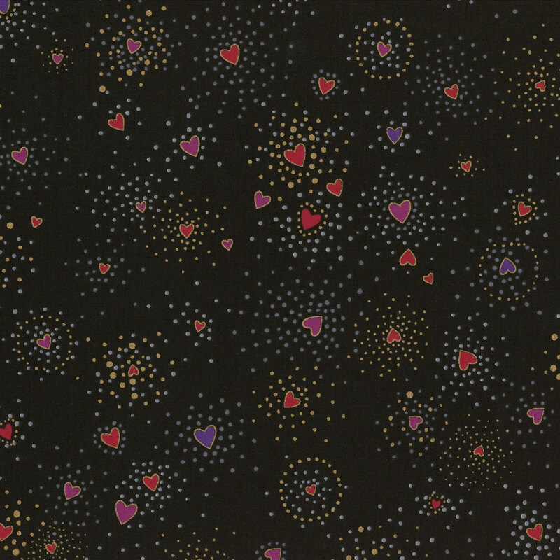 Black fabric with red and purple hearts tossed all over with clustered gold metallic flecks and pink dots