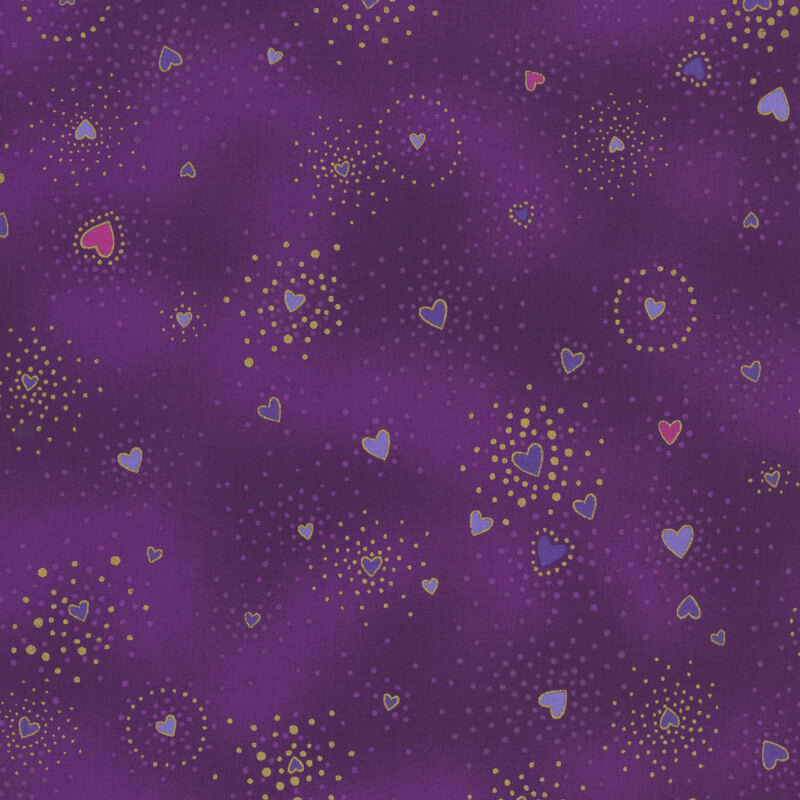 Purple mottled fabric with blue and pink hearts tossed all over with clustered gold metallic flecks and pink dots