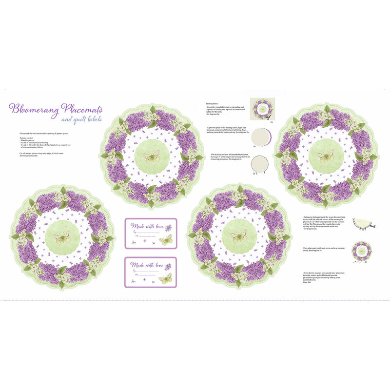 White fabric panel with placemats and quilt labels made from lilacs