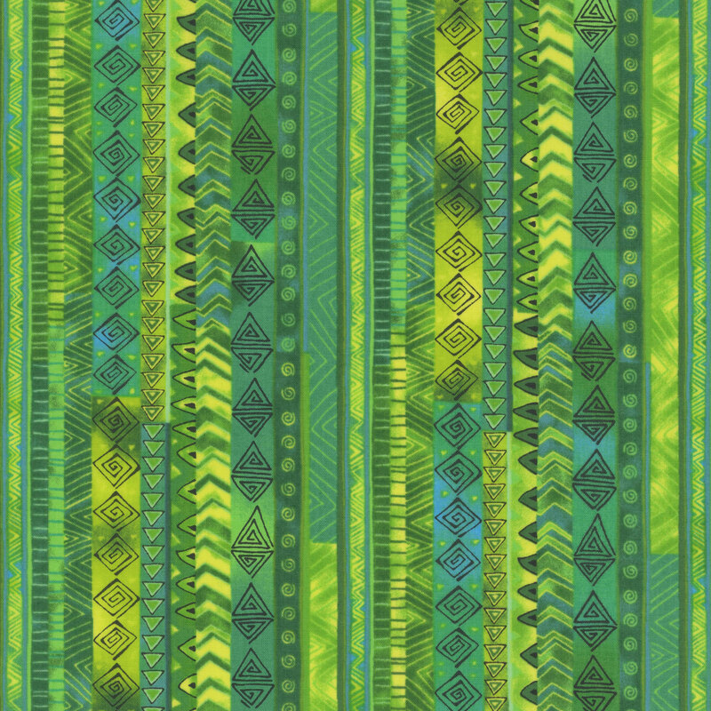 fabric featuring lime green and teal stripes in different shades with stylized black line designs like spirals, diamonds and triangles