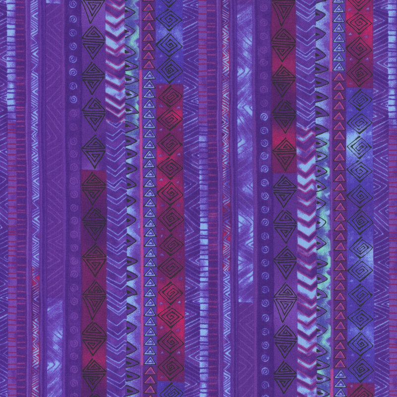 Fabric with blue and purple stripes in different mottled shades with stylized black line designs like spirals, diamonds and triangles