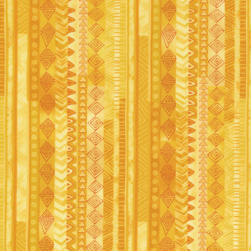 fabric featuring yellow stripes in different mottled shades with stylized tonal line designs like spirals, diamonds and triangles