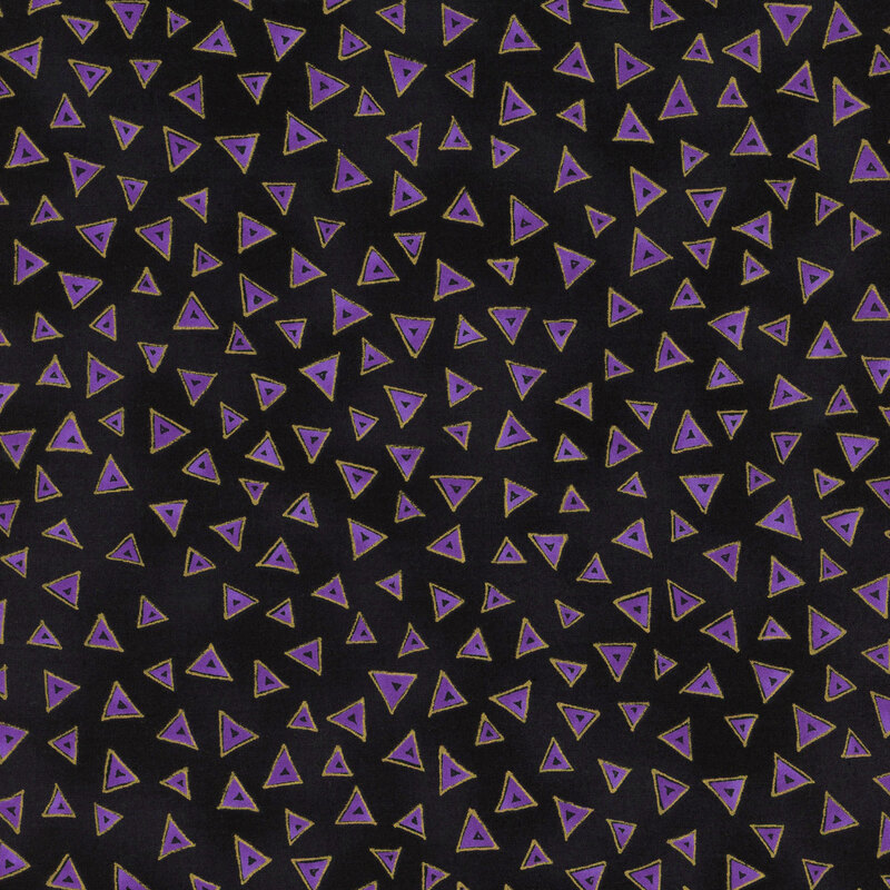 Black fabric with purple stylized triangles tossed all over