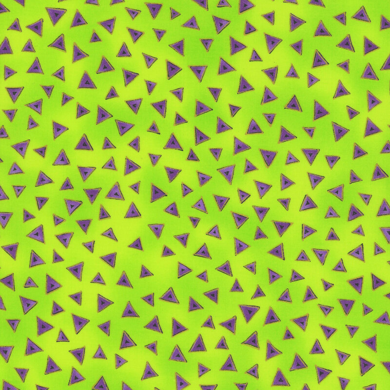 Lime green fabric with purple stylized triangles tossed all over