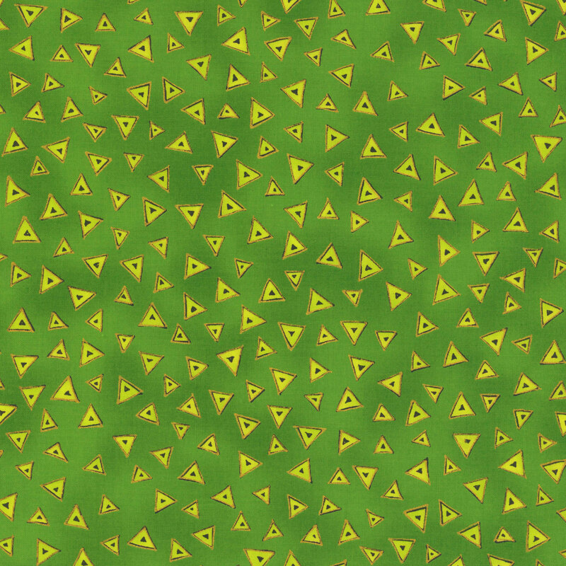 green fabric with lime green stylized triangles tossed all over