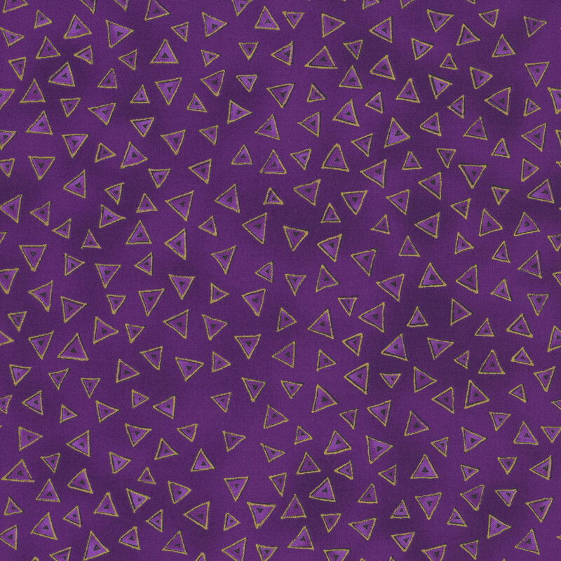 Purple mottled fabric with purple stylized triangles tossed all over