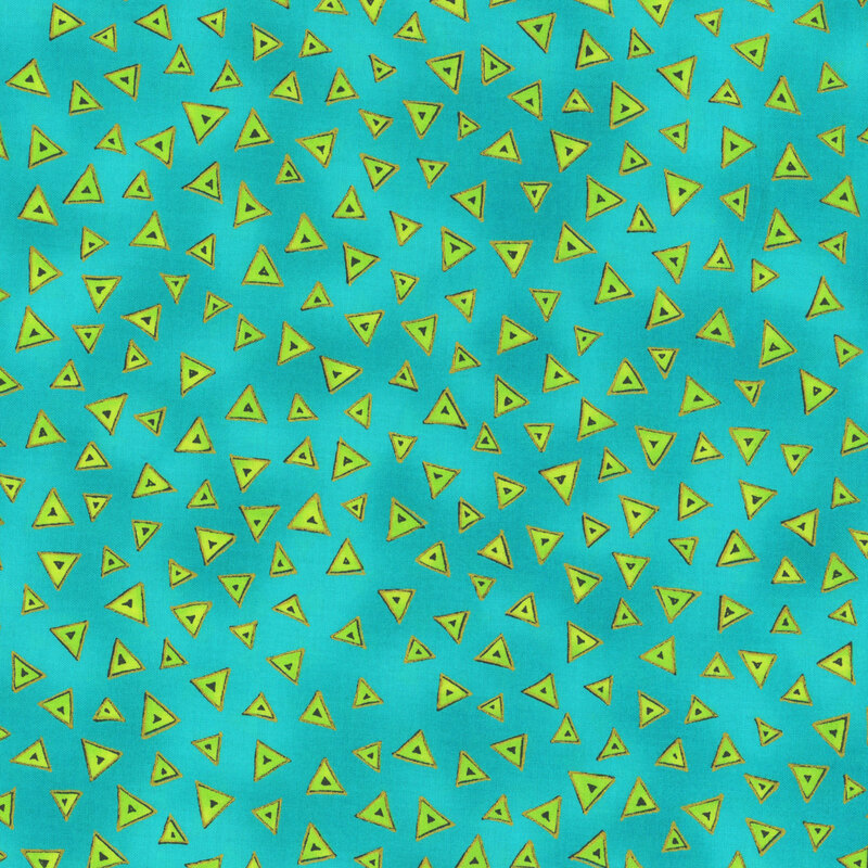 Aqua mottled fabric with lime green stylized triangles tossed all over