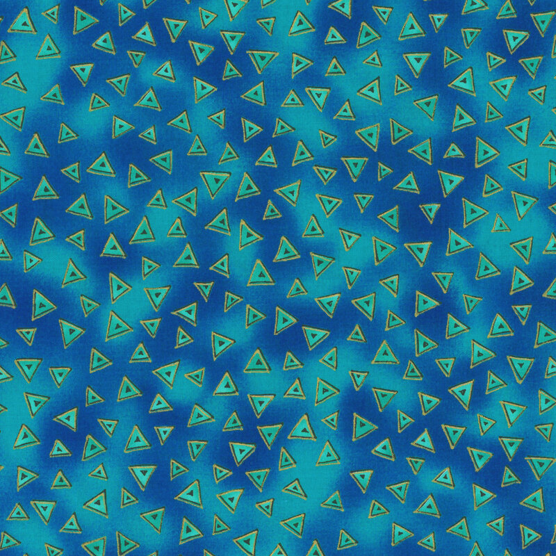 Mottled blue fabric with aqua stylized triangles tossed all over