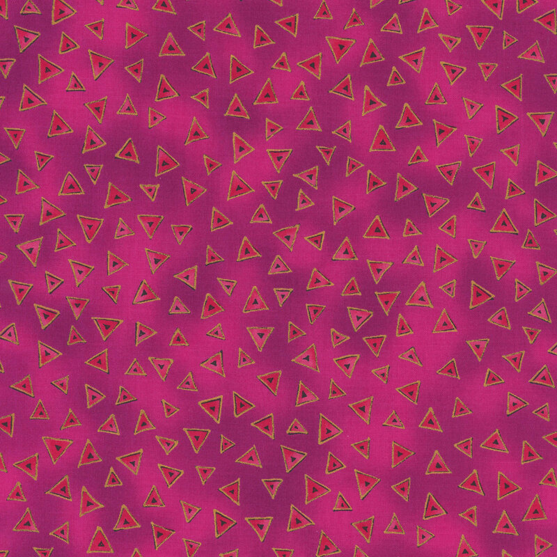 Pink mottled fabric with pink stylized triangles tossed all over