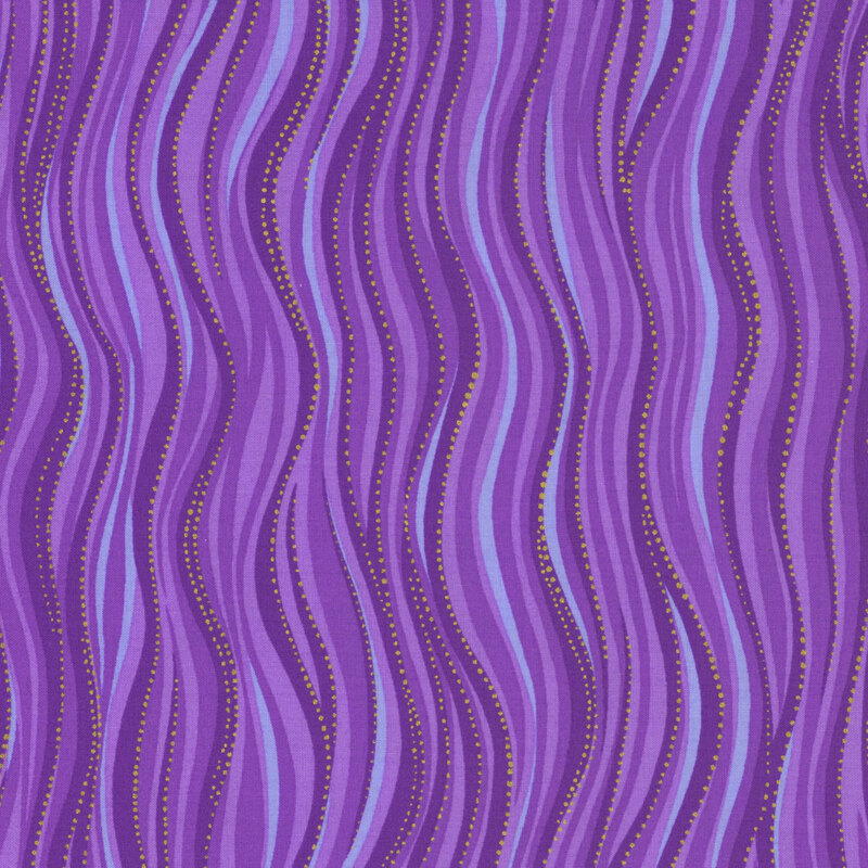 Purple fabric in varying shades with gold dot accents that follow wavy lines 
