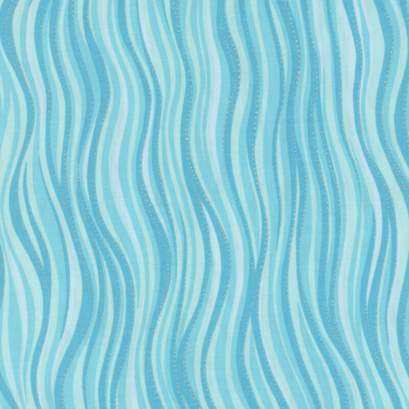Aqua fabric in varying shades with silver dot accents that follow wavy lines 