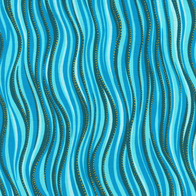 Aqua fabric in varying shades with gold dot accents that follow wavy lines 