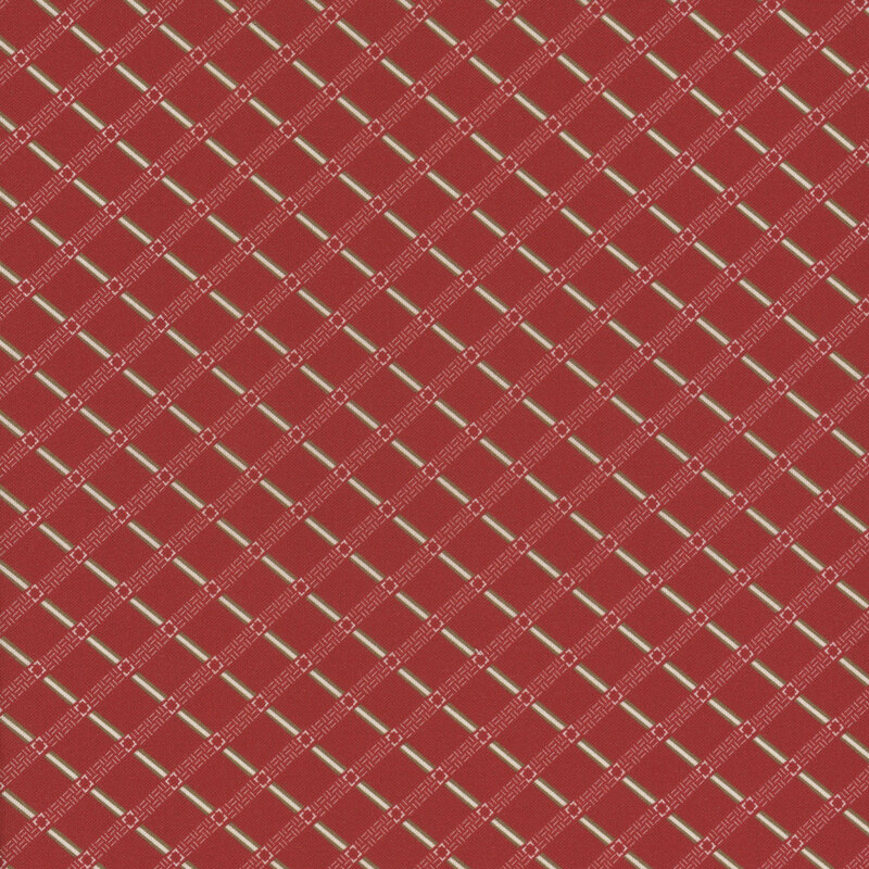 fabric featuring red and cream lattice print with delicate cream woven details