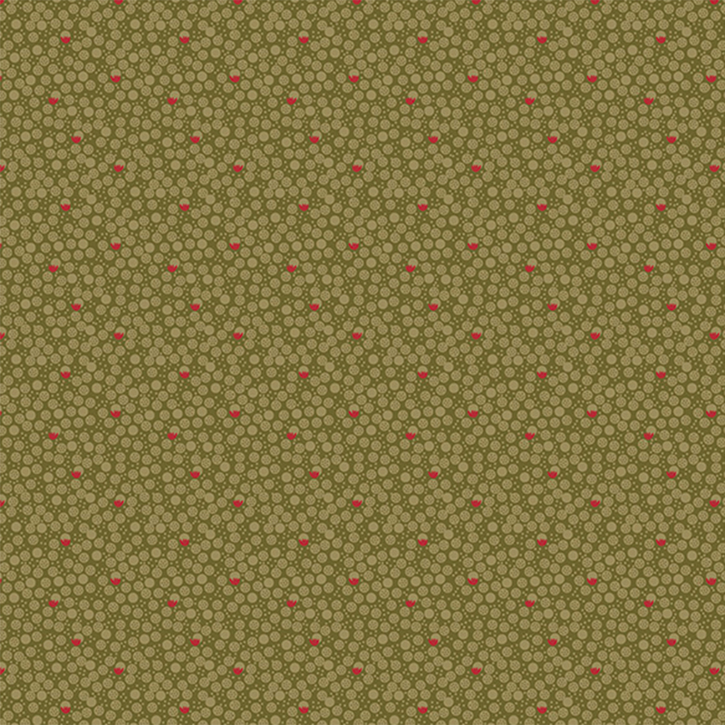 fabric featuring green and red dots in a ditsy pattern on a sage green background