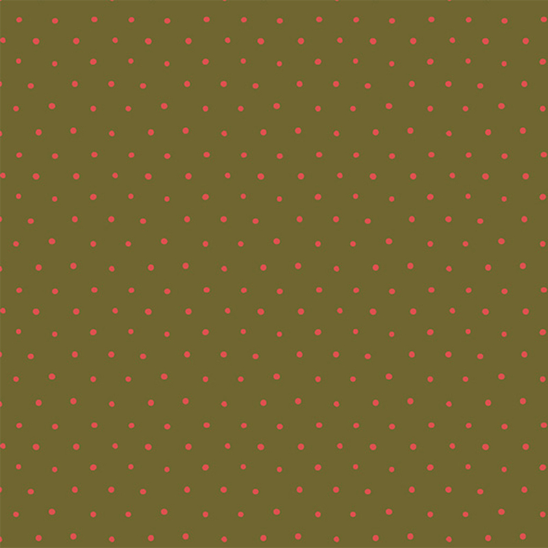 fabric featuring red polka dots on a solid olive green background