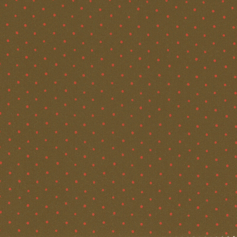 fabric featuring red polka dots on a solid olive green background