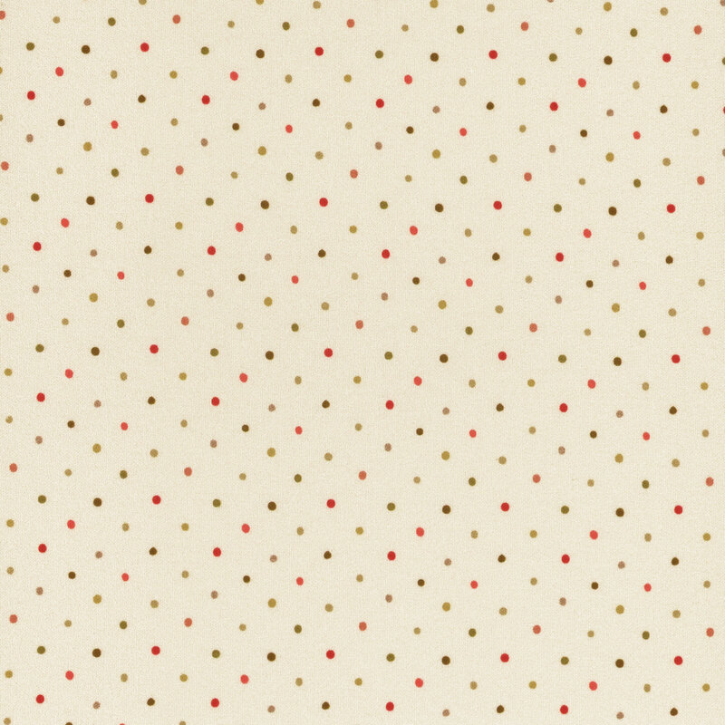 fabric featuring red, green and tan polka dots on a solid cream background