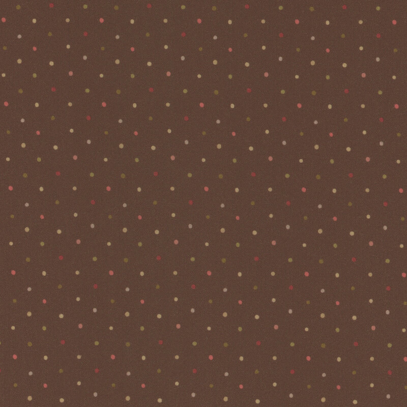 fabric featuring red, green and tan polka dots on a solid brown background