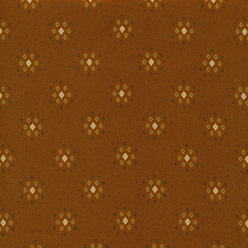Warm chestnut colored fabric with small dots and clusters of multicolored diamonds