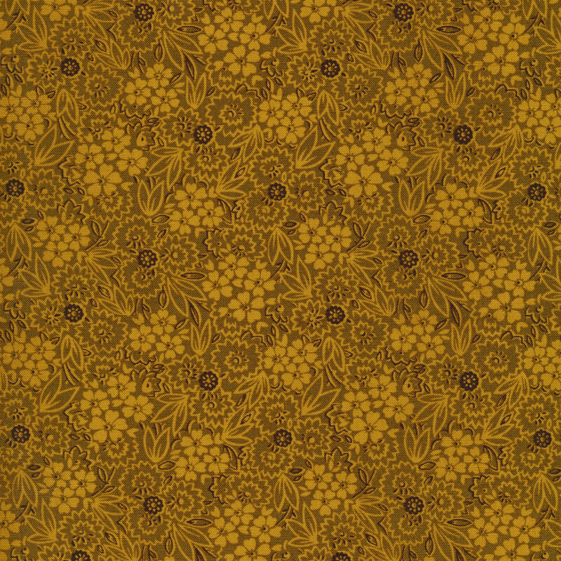 yellow fabric with subtle tonal flowers and leaves with darker brown accents