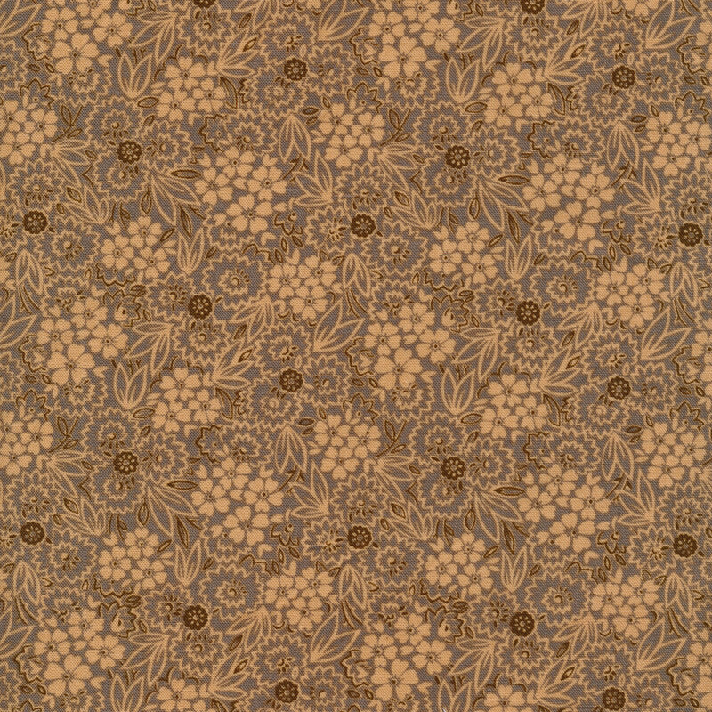tan fabric with subtle tonal flowers and leaves with darker brown accents