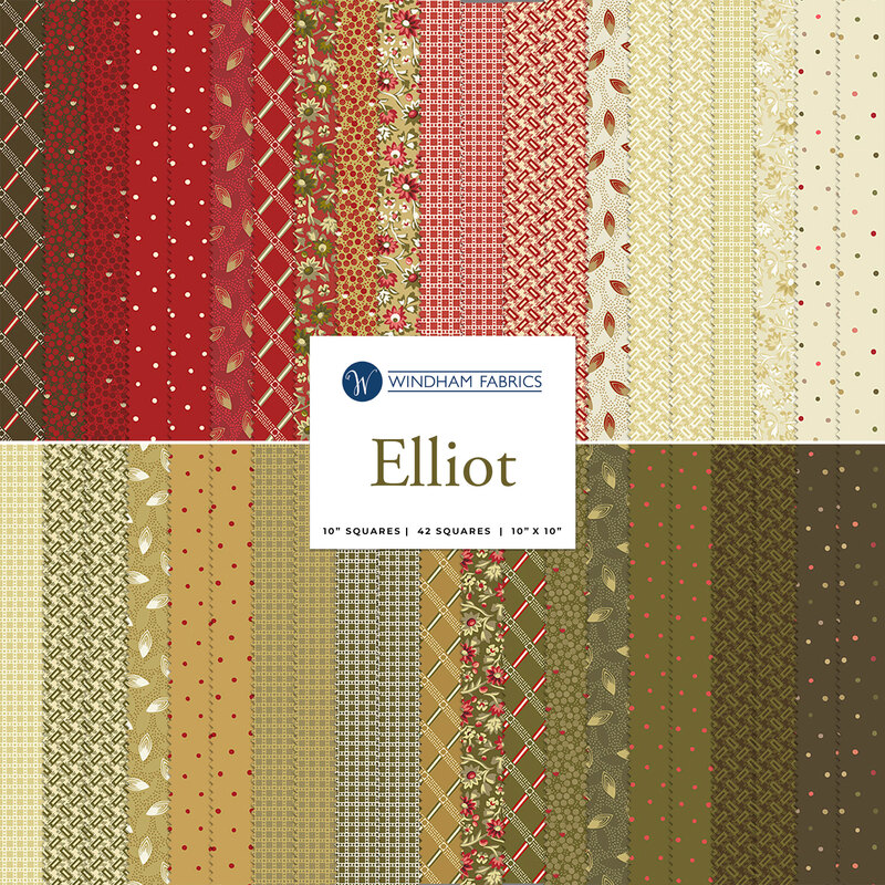 collage of all fabrics included in Elliot layer cake