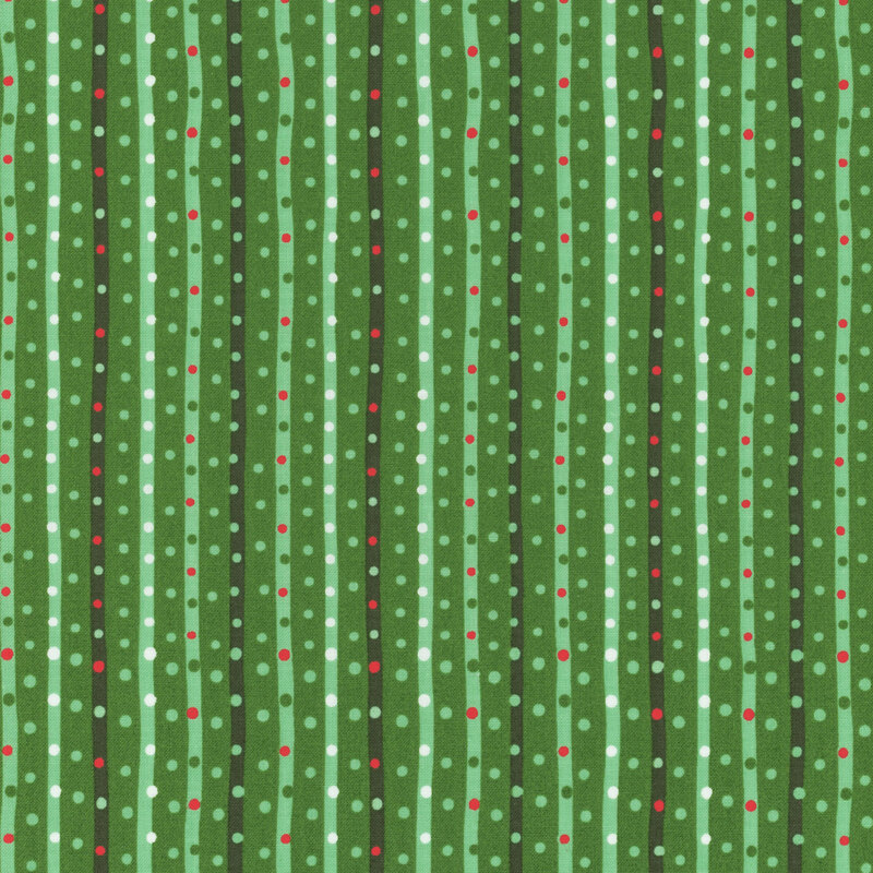 this fabric features tonal green stripes with red, white and green polka dots