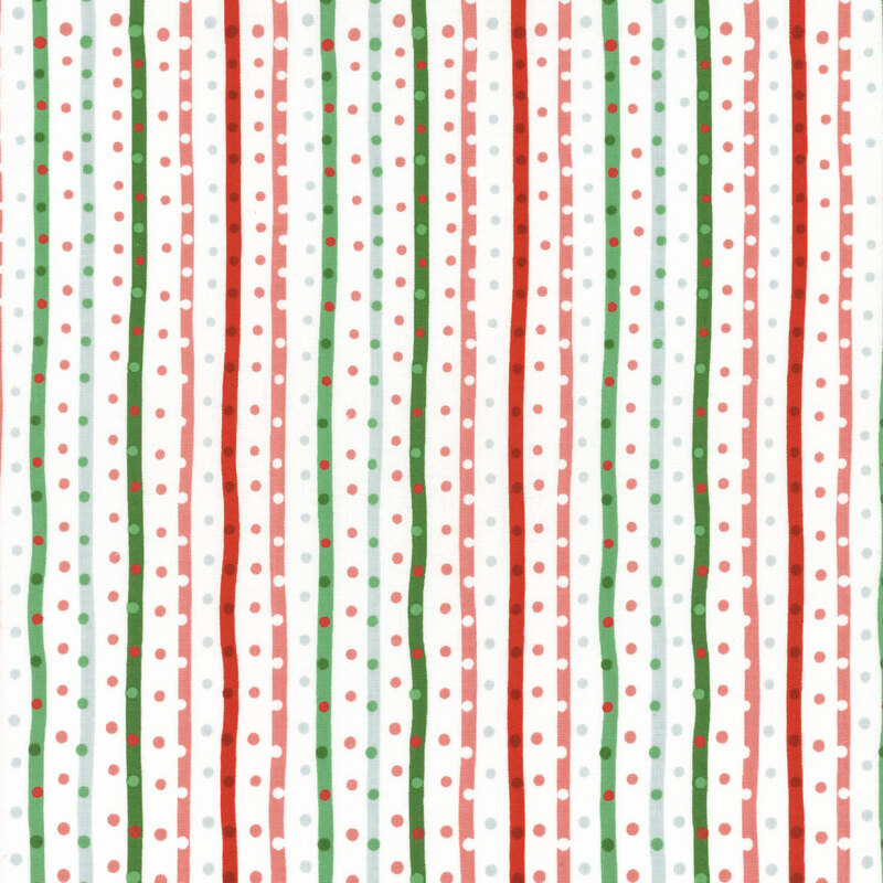 This fabric features red and green tonal stripes on a white background with matching dots.