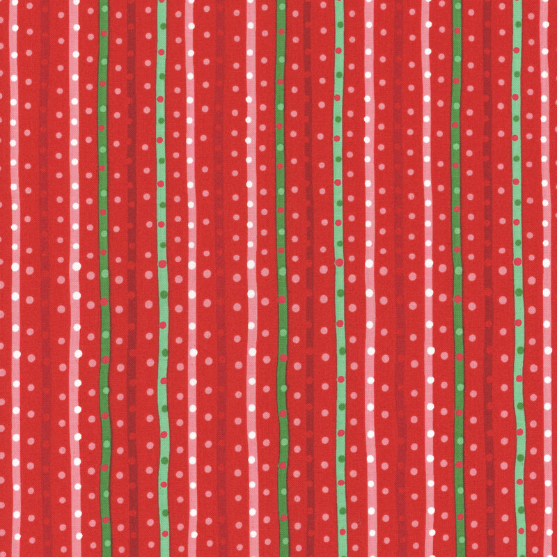 This fabric features red and green tonal stripes on a bright red background with matching dots.