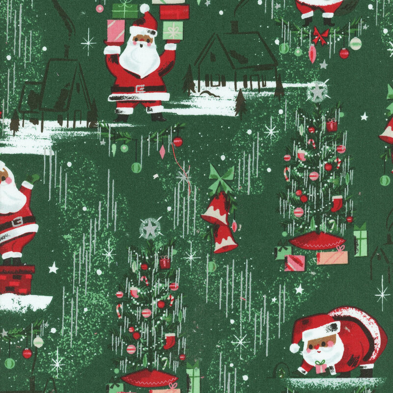 This fabric features Santa Claus with presents, Christmas trees and houses on a dark green background with sparkles in silver metallic accents.