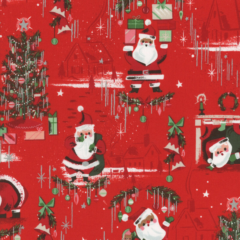 This fabric features Santa Claus with presents, Christmas trees and houses on a bold red background with sparkles in silver metallic accents.