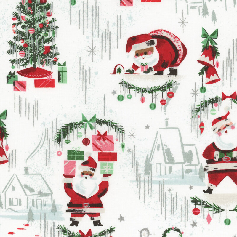 This fabric features Santa Claus with presents, Christmas trees and houses on a bright white background with sparkles in silver metallic accents.