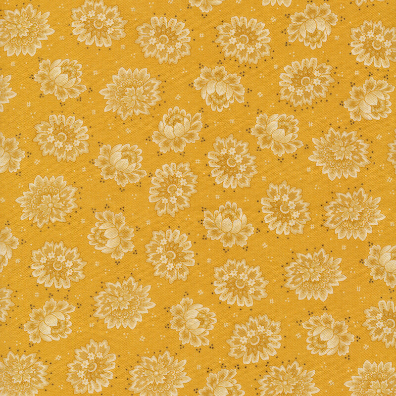 Yellow fabric with lighter yellow and white tossed flowers and complementary dots