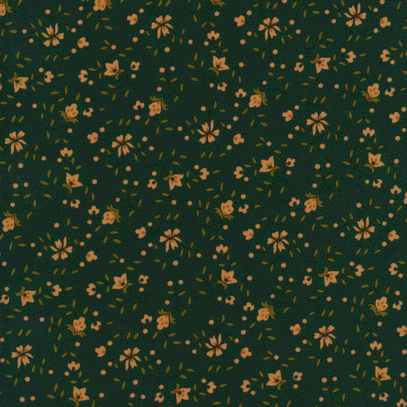 Dark green fabric with green vines and beige flowers across it